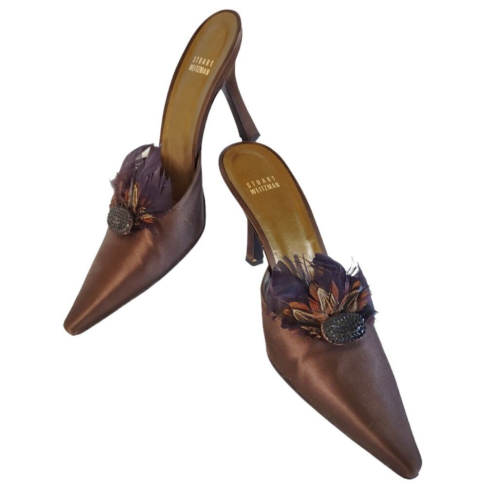 STUART WEITZMAN Brown Satin Mule Heels Size 9 Pointy Toes Embellished Feathers